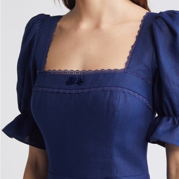 REFORMATION Evianna Puff Sleeve Linen Dress Dark Navy Lace Trim Bow Rosebud Sz 8 - Picture 2 of 9
